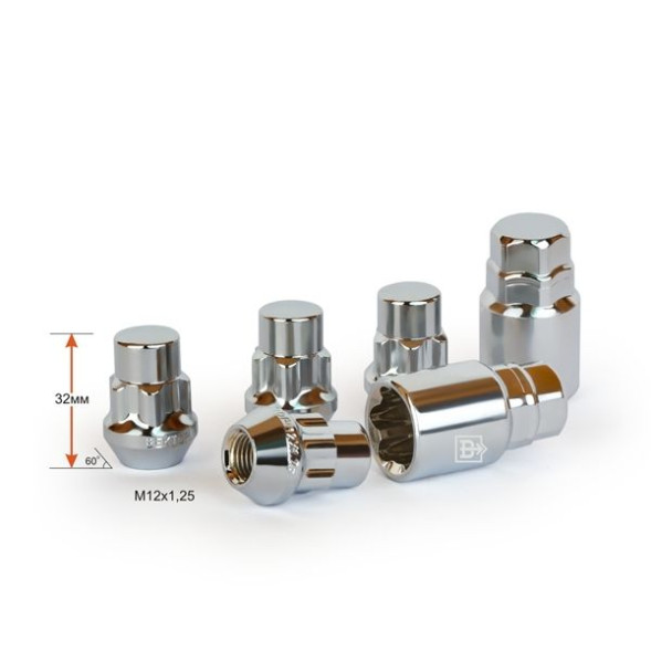 Секретные гайки  М12x1,5 H=32мм, конус, закрытая, хром (ключ 19/21)