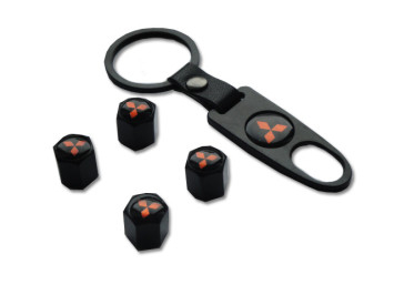 Брелок-ключ + колпачок на ниппель 4 шт MITSUBISHI  (черный)