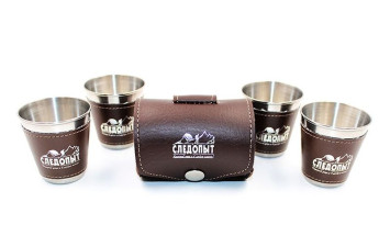 Рюмка «СЛЕДОПЫТ» 60 мл, в кожаной тубе, рюмки в доп. кожаном оплете (4 шт.)