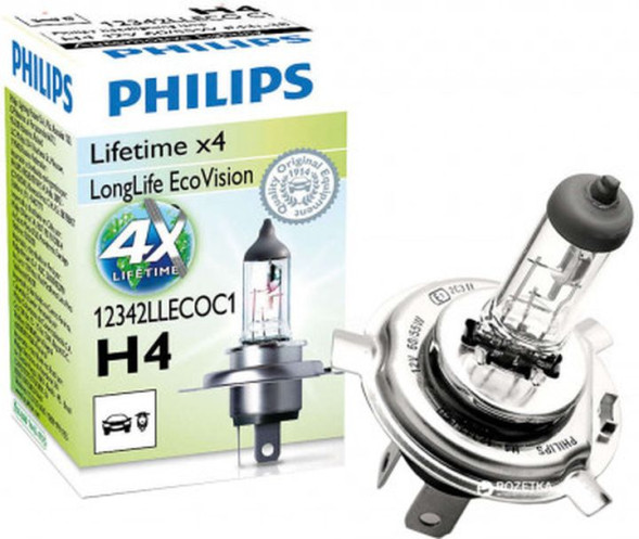 Автолампа Philips 12V   H4    60/55W  P43t-38  LongLife  EcoVision  (карт.1шт.) увеличенный срок слу