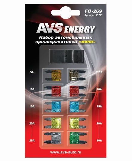 Предохранители флажковые &quot;AVS&quot; MINI  / набор 5А-30А  10шт/блистер с пинцетом FC-269