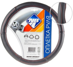 Оплетка на руль Nova Bright 47368 - М экокожа, черная с перфориров. вставками и красной просрочк