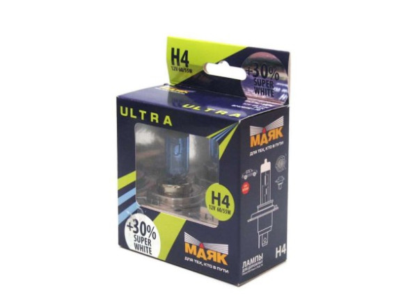 Лампа МАЯК 12V    H4   60/55W  Ultra  P43t Super  White+30% (к-т.2шт)