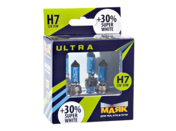 Лампа МАЯК 12V    H7   55W  Ultra  PX26d Super  White+30% (к-т.2шт)