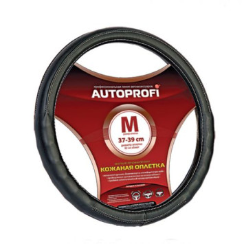 Оплетка на руль Autoprofi 130 BK M чёрный /ребристые вставки ,прострочка / кожа
