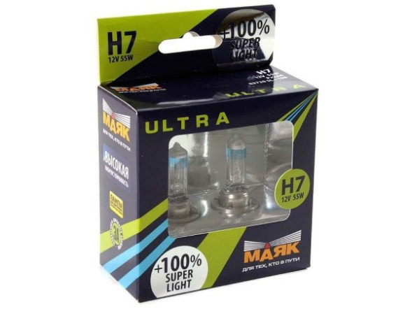 Лампа МАЯК 12V    H7   55W  Ultra  PX26d Super Light+100% (к-т.2шт)