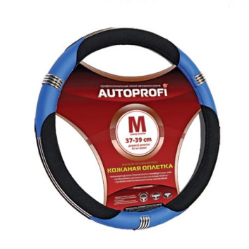 Оплетка на руль Autoprofi 150 BK/BL M чёрн./синий /хром кольца / кожа +кож.зам