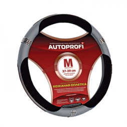 Оплетка на руль  Autoprofi  150 BK/GY M  чёрн./серый /хром кольца / кожа +кож.зам