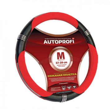 Оплетка на руль Autoprofi 150 BK/RD M чёрн./красный /хром кольца / кожа +кож.зам
