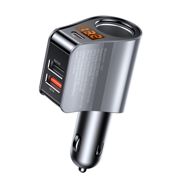 Разветвитель прикуривателя  1 выход + 2 USB +1 Type-C , Hyundai вольтметр  серебро