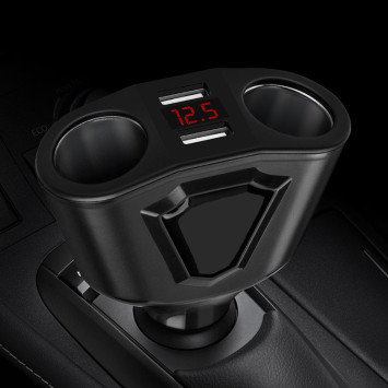 Разветвитель прикуривателя  2 выхода + 2USB (12/24V - 5V 3,1A / 3,1A) с вольтметром Черный