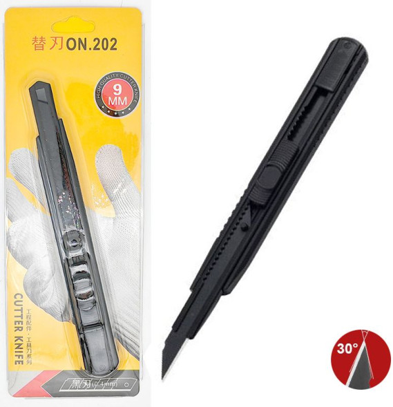 Нож канцелярский пластик+металл, усиленный  9мм, 30° черный