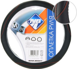 Оплетка  на руль  Nova Bright  48403 - М   экокожа, черная с перфорир. вставками и красной прострочк