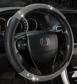 Оплетка на руль   Swarovski №3 - М,  Черный с белыми стразами