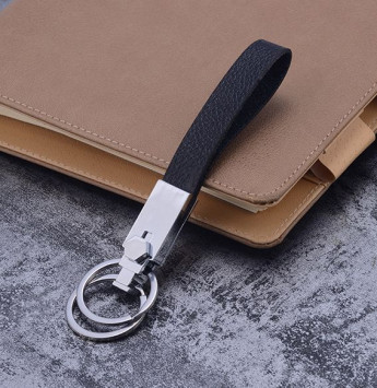 Брелок длинный карабин кожа 2 кольца черный №1