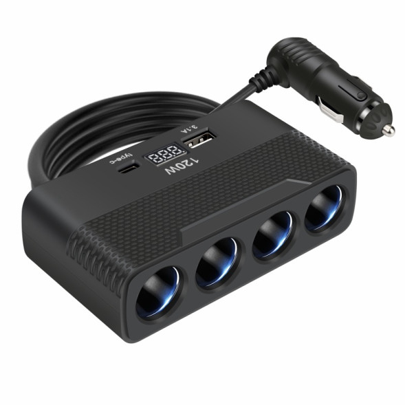 Разветвитель прикуривателя  4 выхода +1USB, 1TYPE-C  вольтметр (12В)