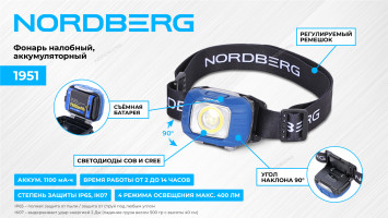 Налобный фонарь аккумуляторный светодиодный NORDBERG 1951
