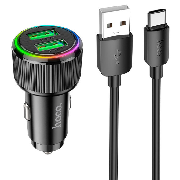 АЗУ  HOCO  2USB (12/24V - 5V 2,4A) 18W + кабель TYPE-C  Черный