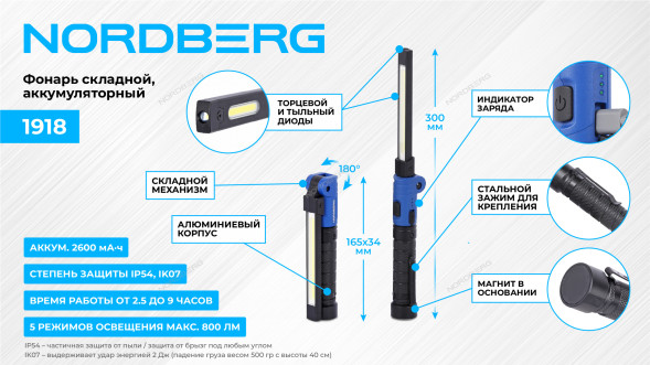Складной светодиодный аккумуляторный фонарь NORDBERG 1918