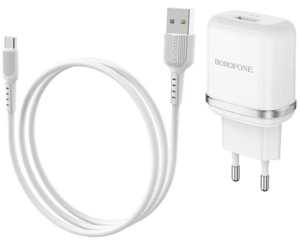 Зарядные устройства 220V  Borofone  5V/2,4A QC3.0  1 USB, Type-C  , + кабель TYPE-C  Белый