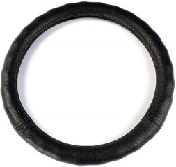 Оплетка на руль  DC  Волна M  гладкая экокожа черная с коричневый строчкой