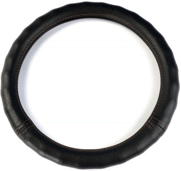 Оплетка на руль  DC  Волна M  гладкая экокожа черная с коричневый строчкой