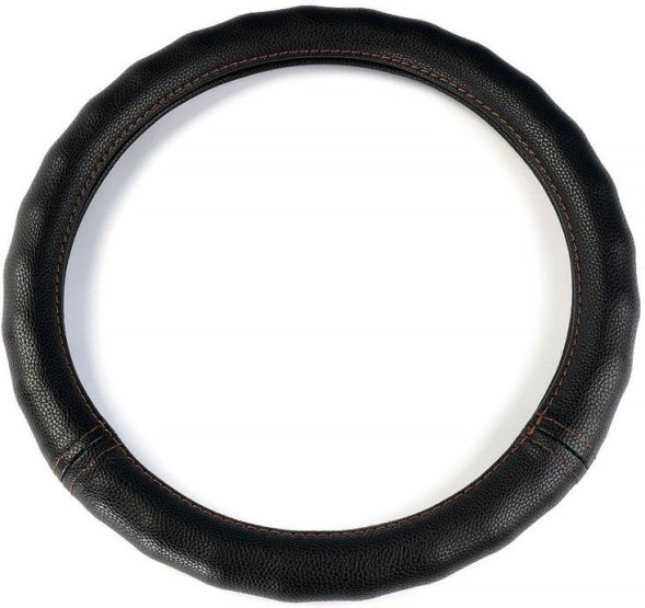 Оплетка на руль  DC  Волна M  гладкая экокожа черная с коричневый строчкой