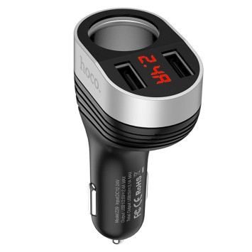 Разветвитель прикуривателя  1 выход + 2 USB ,  Черный