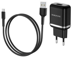 Зарядные устройства 220V  Borofone  5V/2,4A QC3.0  1 USB, Type-C  , + кабель TYPE-C  Черный