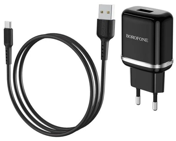 Зарядные устройства 220V  Borofone  5V/2,4A QC3.0  1 USB, Type-C  , + кабель TYPE-C  Черный