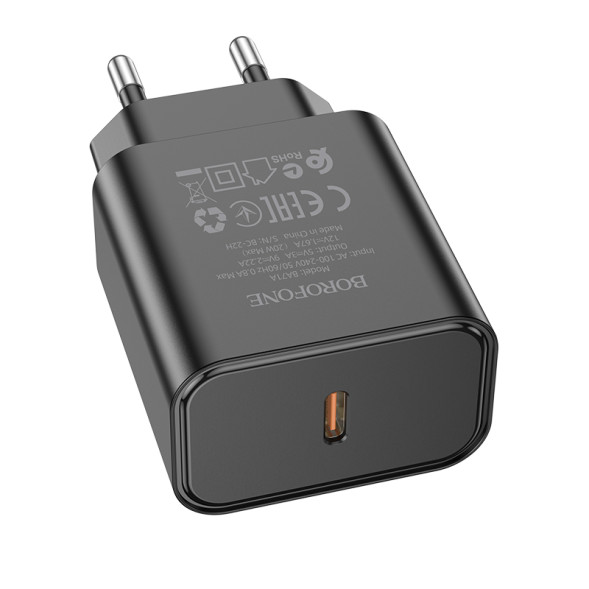 Зарядные устройства 220V  Borofone  Type C, QC3.0 20w (быстрая зарядка) + кабель Lightning Черный