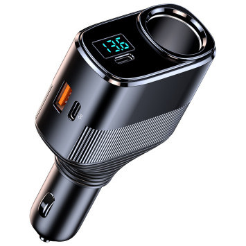 Разветвитель прикуривателя  1 выход + 1 USB+ 2Type-C  вольтметр  темно-серый