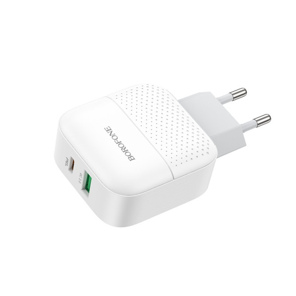 Зарядные устройства 220V  Borofone  USB+Type C, QC3.0 (быстрая зарядка) Белый