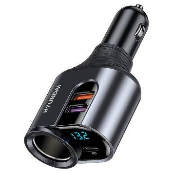 Разветвитель прикуривателя  1 выход + 2 USB+ Type-C , Hyundai вольтметр  темно-серый