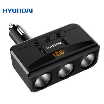 Разветвитель прикуривателя  3 выхода +2USB  &quot;Hyundai&quot;  с вольтметром
