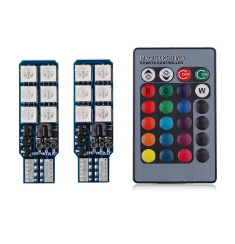 SOLAR  Свет-од  12V  T10 12 SMD 5050 W5W  W2.1x9.5d мультицвет, режим СТРОБОСКОП+ пульт