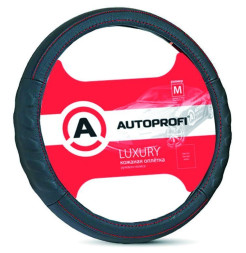 Оплетка на руль  Autoprofi &quot;LUXURY&quot;  1070 BK М  черная /БО/кожа с красной строчкой