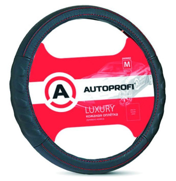 Оплетка на руль Autoprofi "LUXURY" 1070 BK М черная /БО/кожа с красной строчкой