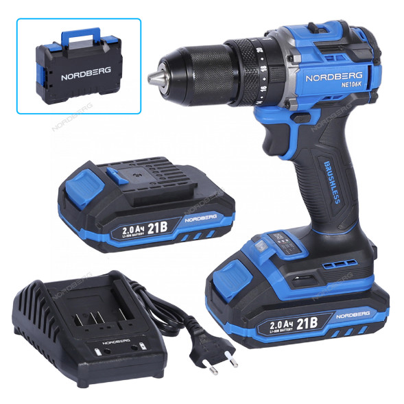 Шуруповерт аккумуляторный NORDBERG NE106K (Ø сверла до 13 мм, 21В, 70 Нм)