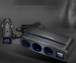 Разветвитель прикуривателя  3 выхода +2USB   (12В) + вольтметр