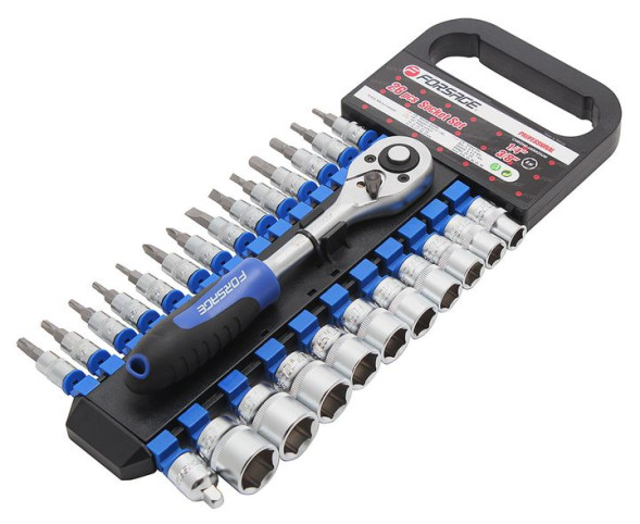 FORSAGE. Набор головок 26предм. 1/4&quot; &amp; 3/8&quot;  6гр. (10-19мм) с трещоткой в пластик. держателе