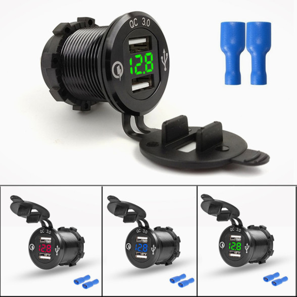 Врезное зарядное устройство USB 1USB QC 3.0 + вольтметр синий