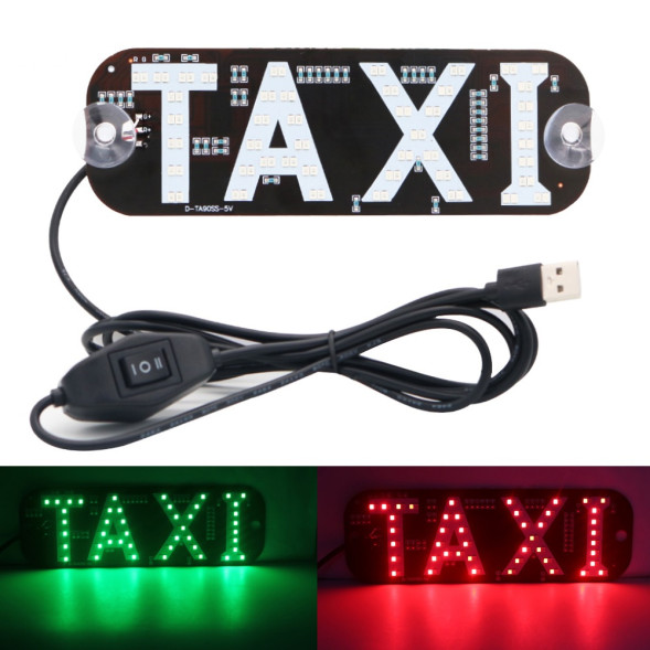Такси под стекло  &quot;ТAXI&quot; c LED красно/зеленой (переключатель)  подсветкой  на присосках  (USB)