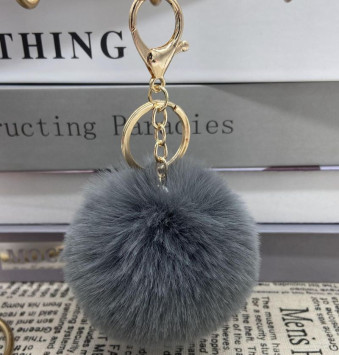 Брелок меховой шар  (1 кольцо+ карабин) 8см, серый