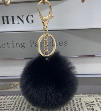 Брелок меховой шар  (1 кольцо+ карабин) 8см, черный