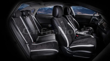 Чехлы  «5D» PREMIUM каркасные «SMART PLUS» Чёрный/Чёрный/Серый  (экокожа/велюр премиум класса)