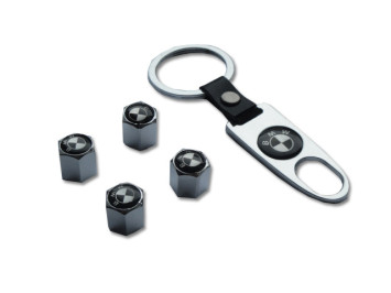 Брелок-ключ + колпачок на ниппель 4 шт BMW (черный)