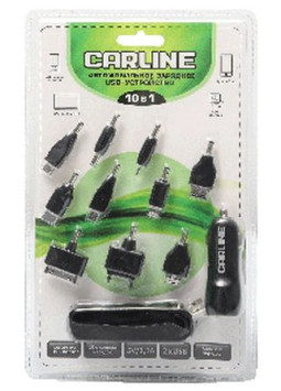 Зарядн.устр-во для телефона  CARLINE  10 насадок 2хUSB (1A и 2.1А) 12/24В, цвет белый
