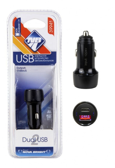 АЗУ  &quot;Nova Bright&quot;   USB-порт+Type-C, 2100мА, LED индикатор, 12/24В