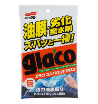 Soft99  Очиститель стекол Glaco Compound, салфетки 6шт. (очищающие салфетки для стёкол с абразивом)